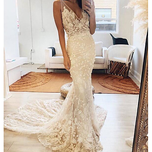 Mermaid / Trumpet Wedding Dresses V Neck Sweep / Brush Train Polyester Sleeveless Country Plus Size with Embroidery Appliques 2020
Mermaid / Trumpet Wedding Dresses V Neck Sweep / Brush Train Polyester Sleeveless Country Plus Size with Embroidery Appliques 2020