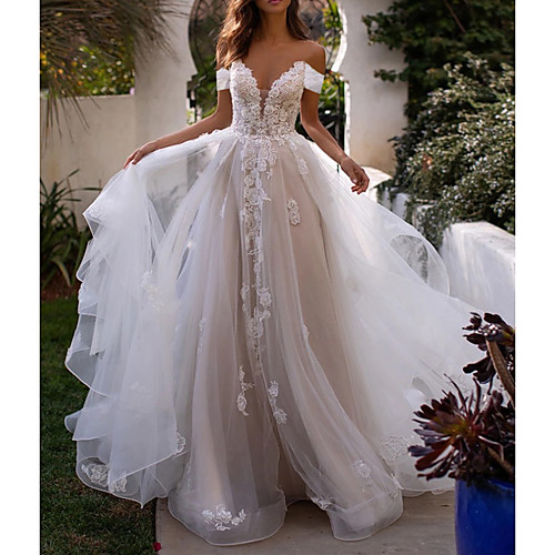 A-Line Wedding Dresses Off Shoulder Sweep / Brush Train Lace Tulle Sleeveless Country Plus Size with Lace Appliques 2021
A-Line Wedding Dresses Off Shoulder Sweep / Brush Train Lace Tulle Sleeveless Country Plus Size with Lace Appliques 2021