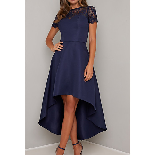 A-Line Mother of the Bride Dress Elegant Jewel Neck Asymmetrical Lace Satin Tulle Short Sleeve with Lace 2021
A-Line Mother of the Bride Dress Elegant Jewel Neck Asymmetrical Lace Satin Tulle Short Sleeve with Lace 2021