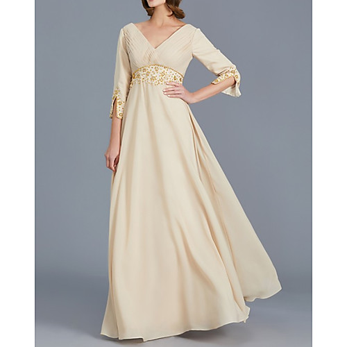A-Line Mother of the Bride Dress Elegant V Neck Floor Length Chiffon 3/4 Length Sleeve with Pleats Beading 2021
A-Line Mother of the Bride Dress Elegant V Neck Floor Length Chiffon 3/4 Length Sleeve with Pleats Beading 2021