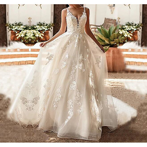 A-Line Wedding Dresses V Neck Spaghetti Strap Sweep / Brush Train Lace Tulle Sleeveless Country Sexy with Embroidery 2021
A-Line Wedding Dresses V Neck Spaghetti Strap Sweep / Brush Train Lace Tulle Sleeveless Country Sexy with Embroidery 2021