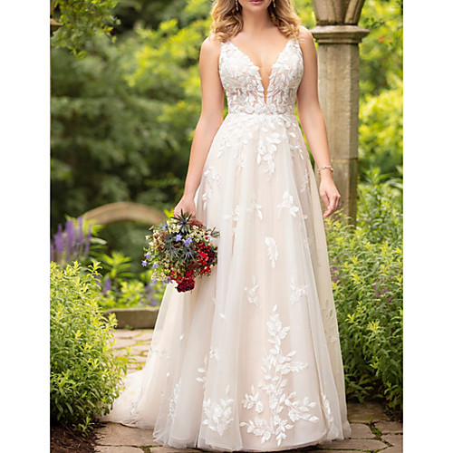 A-Line Wedding Dresses V Neck Sweep / Brush Train Tulle Sleeveless Sexy Backless with Embroidery Appliques 2021
A-Line Wedding Dresses V Neck Sweep / Brush Train Tulle Sleeveless Sexy Backless with Embroidery Appliques 2021