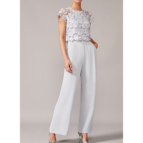 Two Piece Pantsuit / Jumpsuit Mother of the Bride Dress Elegant Jewel Neck Floor Length Chiffon Lace Short Sleeve with Appliques 2021
Two Piece Pantsuit / Jumpsuit Mother of the Bride Dress Elegant Jewel Neck Floor Length Chiffon Lace Short Sleeve with Appliques 2021
