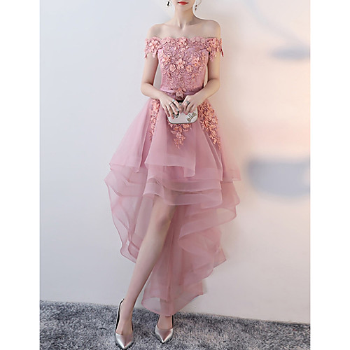 A-Line Floral Pink Wedding Guest Prom Dress Off Shoulder Short Sleeve Asymmetrical Tulle with Appliques 2020
A-Line Floral Pink Wedding Guest Prom Dress Off Shoulder Short Sleeve Asymmetrical Tulle with Appliques 2020