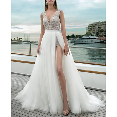 A-Line Wedding Dresses V Neck Sweep / Brush Train Lace Tulle Sleeveless Beach Sexy Backless with Embroidery Split Front 2020
A-Line Wedding Dresses V Neck Sweep / Brush Train Lace Tulle Sleeveless Beach Sexy Backless with Embroidery Split Front 2020
