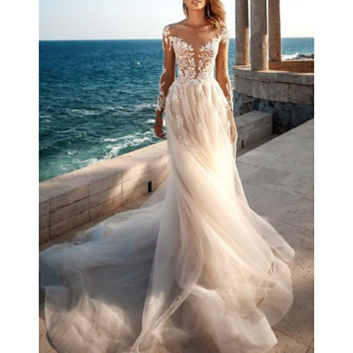 A-Line Wedding Dresses Jewel Neck Sweep / Brush Train Tulle Long Sleeve Vintage Sexy Wedding Dress in Color See-Through Backless with Embroidery Appliques 2020
A-Line Wedding Dresses Jewel Neck Sweep / Brush Train Tulle Long Sleeve Vintage Sexy Wedding Dress in Color See-Through Backless with Embroidery Appliques 2020