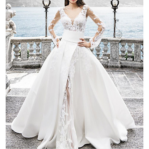 A-Line Wedding Dresses Jewel Neck Floor Length Lace Chiffon Over Satin Long Sleeve Sexy See-Through with Sashes / Ribbons Embroidery Split Front 2020
A-Line Wedding Dresses Jewel Neck Floor Length Lace Chiffon Over Satin Long Sleeve Sexy See-Through with Sashes / Ribbons Embroidery Split Front 2020