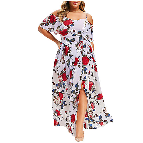 

Women's Rose Sheath Dress - Short Sleeves Floral Split Patchwork Zipper Summer Elegant Boho Party Butterfly Sleeve 2020 White Black Beige XL XXL XXXL XXXXL XXXXXL