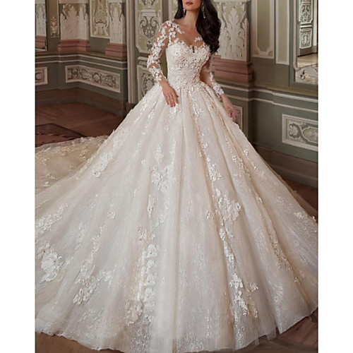 

Ball Gown A-Line Wedding Dresses Jewel Neck Chapel Train Lace Tulle Long Sleeve Vintage Sexy See-Through Backless with Embroidery Appliques 2021