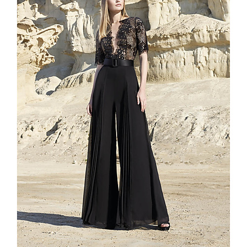 Pantsuit / Jumpsuit Mother of the Bride Dress Elegant Sexy V Neck Floor Length Chiffon Lace Short Sleeve with Sash / Ribbon Pleats Embroidery 2020
Pantsuit / Jumpsuit Mother of the Bride Dress Elegant Sexy V Neck Floor Length Chiffon Lace Short Sleeve with Sash / Ribbon Pleats Embroidery 2020
