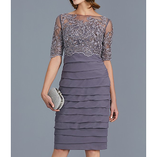 Sheath / Column Mother of the Bride Dress Elegant Illusion Neck Knee Length Chiffon Lace Short Sleeve with Appliques Ruching 2020
Sheath / Column Mother of the Bride Dress Elegant Illusion Neck Knee Length Chiffon Lace Short Sleeve with Appliques Ruching 2020