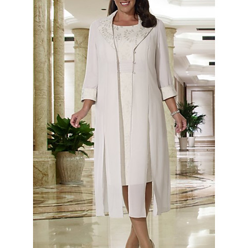 Two Piece Mother of the Bride Dress Elegant Jewel Neck Knee Length Chiffon Satin 3/4 Length Sleeve with Pattern / Print Ruching 2020
Two Piece Mother of the Bride Dress Elegant Jewel Neck Knee Length Chiffon Satin 3/4 Length Sleeve with Pattern / Print Ruching 2020