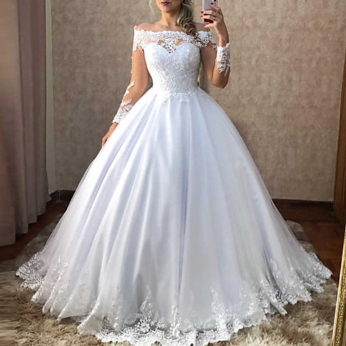 Ball Gown Wedding Dresses Off Shoulder Sweep / Brush Train Polyester Long Sleeve Country Plus Size with Appliques 2021
Ball Gown Wedding Dresses Off Shoulder Sweep / Brush Train Polyester Long Sleeve Country Plus Size with Appliques 2021