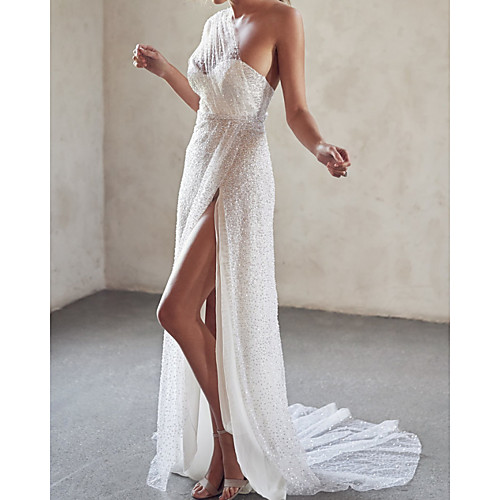 A-Line Wedding Dresses One Shoulder Strapless Court Train Tulle Sequined Sleeveless Sexy Wedding Dress in Color See-Through with Split Front 2020
A-Line Wedding Dresses One Shoulder Strapless Court Train Tulle Sequined Sleeveless Sexy Wedding Dress in Color See-Through with Split Front 2020