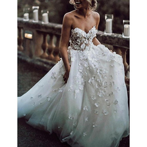 A-Line Wedding Dresses Strapless Sweep / Brush Train Lace Tulle Sleeveless Beach Sexy Backless with Embroidery Appliques 2021
A-Line Wedding Dresses Strapless Sweep / Brush Train Lace Tulle Sleeveless Beach Sexy Backless with Embroidery Appliques 2021