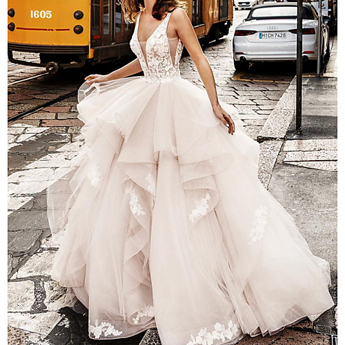 Ball Gown Wedding Dresses V Neck Floor Length Lace Tulle Sleeveless Formal Sexy See-Through with Embroidery Cascading Ruffles 2020
Ball Gown Wedding Dresses V Neck Floor Length Lace Tulle Sleeveless Formal Sexy See-Through with Embroidery Cascading Ruffles 2020