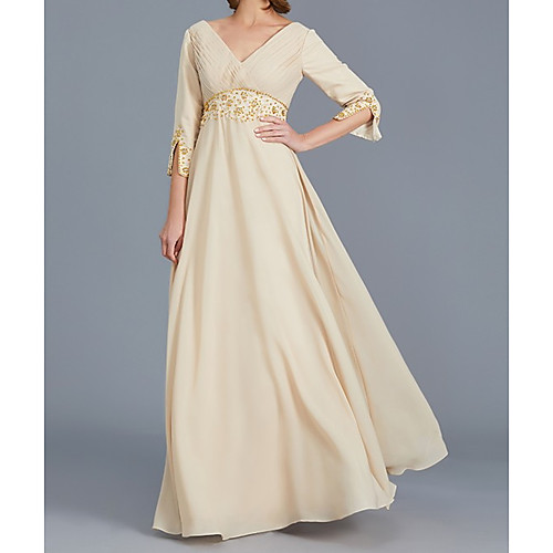 A-Line Mother of the Bride Dress Elegant V Neck Floor Length Chiffon Lace 3/4 Length Sleeve with Beading Ruching 2020
A-Line Mother of the Bride Dress Elegant V Neck Floor Length Chiffon Lace 3/4 Length Sleeve with Beading Ruching 2020