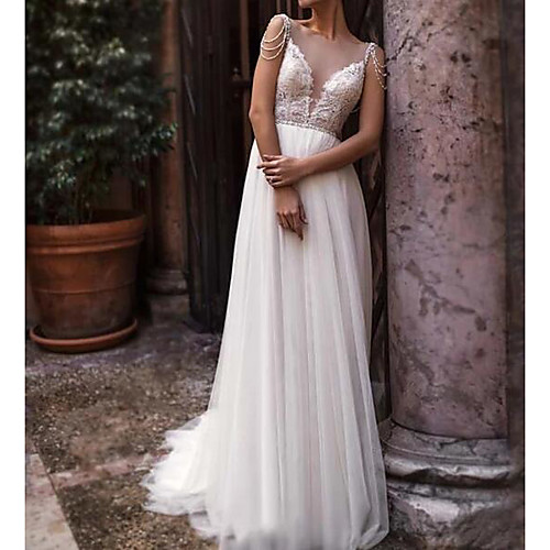 A-Line Wedding Dresses Jewel Neck Court Train Chiffon Lace Tulle Sleeveless Beach Boho Sexy See-Through with Embroidery 2021
A-Line Wedding Dresses Jewel Neck Court Train Chiffon Lace Tulle Sleeveless Beach Boho Sexy See-Through with Embroidery 2021
