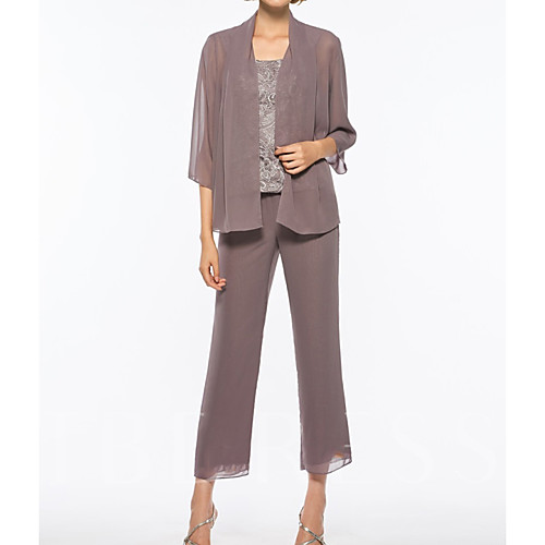 Pantsuit / Jumpsuit Mother of the Bride Dress Elegant Square Neck Ankle Length Chiffon Lace 3/4 Length Sleeve with Embroidery 2020
Pantsuit / Jumpsuit Mother of the Bride Dress Elegant Square Neck Ankle Length Chiffon Lace 3/4 Length Sleeve with Embroidery 2020