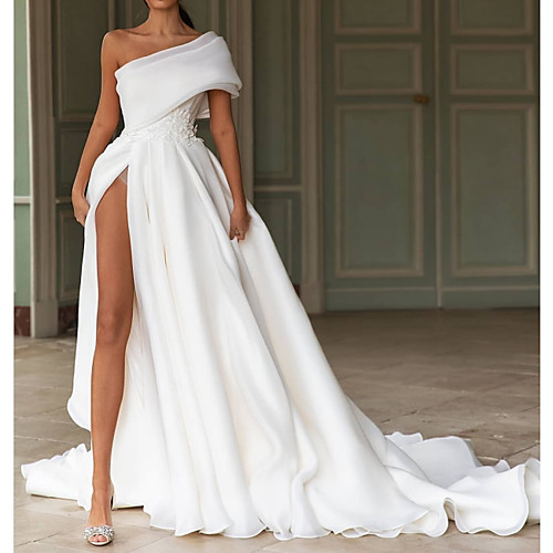 A-Line Wedding Dresses One Shoulder Sweep / Brush Train Chiffon Over Satin Short Sleeve Simple Modern with Split Front 2021
A-Line Wedding Dresses One Shoulder Sweep / Brush Train Chiffon Over Satin Short Sleeve Simple Modern with Split Front 2021