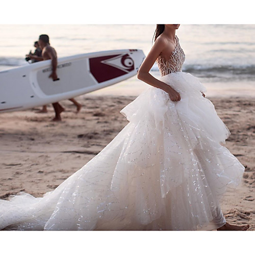 A-Line Wedding Dresses One Shoulder Watteau Train Lace Tulle Sleeveless Sexy See-Through with Cascading Ruffles 2020
A-Line Wedding Dresses One Shoulder Watteau Train Lace Tulle Sleeveless Sexy See-Through with Cascading Ruffles 2020