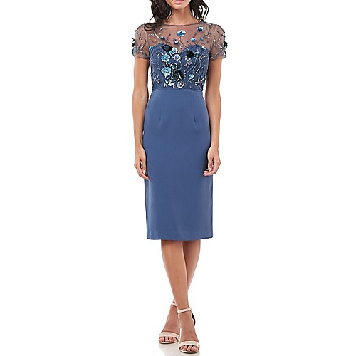 Sheath / Column Mother of the Bride Dress Elegant Illusion Neck Jewel Neck Knee Length Chiffon Tulle Short Sleeve with Embroidery 2020
Sheath / Column Mother of the Bride Dress Elegant Illusion Neck Jewel Neck Knee Length Chiffon Tulle Short Sleeve with Embroidery 2020