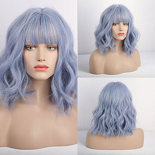 

Synthetic Wig Matte Loose Curl Neat Bang Wig Short Purple / Blue Synthetic Hair 14 inch Women's Simple curling Fluffy Blue