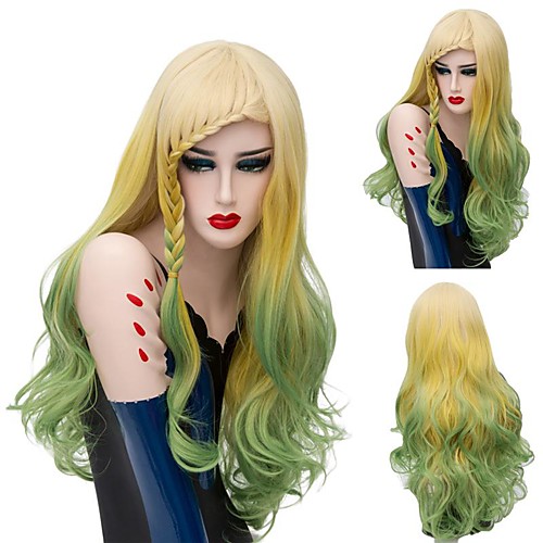 

Cosplay Wig Lolita Parrot Yellow & Green Curly Asymmetrical Braid Wig Very Long Yellow Synthetic Hair 28 inch Women's Anime Cosplay Women Yellow