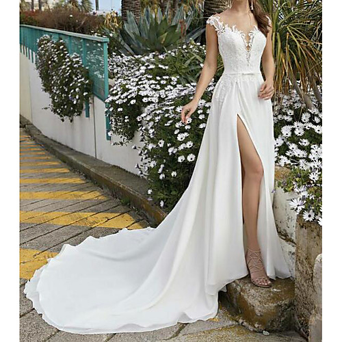 A-Line Wedding Dresses V Neck Sweep / Brush Train Chiffon Lace Sleeveless Beach Sexy with Sashes / Ribbons Split Front 2021
A-Line Wedding Dresses V Neck Sweep / Brush Train Chiffon Lace Sleeveless Beach Sexy with Sashes / Ribbons Split Front 2021