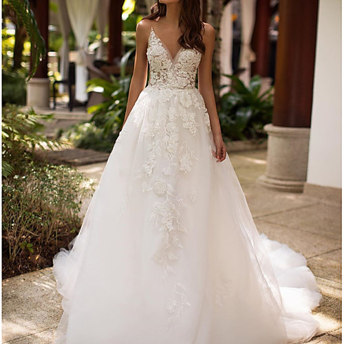 A-Line Wedding Dresses V Neck Court Train Lace Tulle Sleeveless Formal Sexy with Appliques 2021
A-Line Wedding Dresses V Neck Court Train Lace Tulle Sleeveless Formal Sexy with Appliques 2021