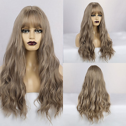 

Synthetic Wig Matte Water Wave Middle Part Neat Bang Wig Long Grey Synthetic Hair 26 inch Women's Lovely Fluffy Dark Gray