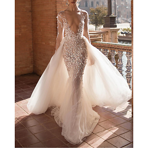 Two Piece A-Line Wedding Dresses Plunging Neck Sweep / Brush Train Lace Tulle Sleeveless Beach Sexy See-Through Backless with Embroidery Appliques 2020
Two Piece A-Line Wedding Dresses Plunging Neck Sweep / Brush Train Lace Tulle Sleeveless Beach Sexy See-Through Backless with Embroidery Appliques 2020