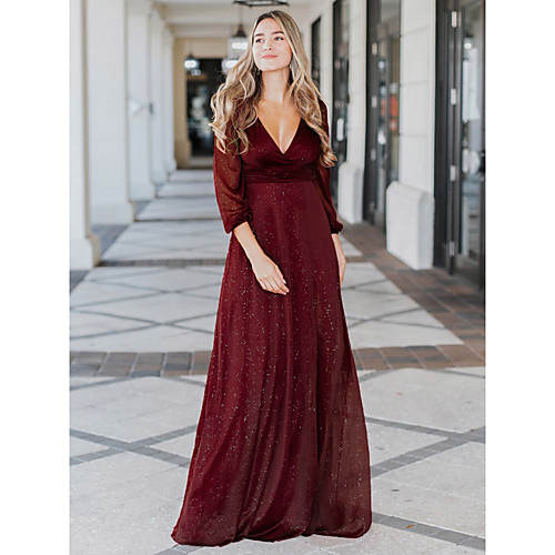 A-Line Sexy Formal Evening Dress Plunging Neck Long Sleeve Floor Length Spandex Polyester with 2021 
A-Line Sexy Formal Evening Dress Plunging Neck Long Sleeve Floor Length Spandex Polyester with 2021
