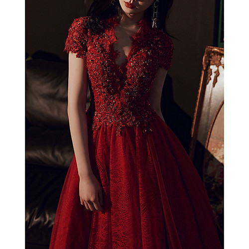 A-Line Luxurious Red Engagement Formal Evening Dress V Neck Short Sleeve Floor Length Lace Tulle with Sequin Lace Insert 2020
A-Line Luxurious Red Engagement Formal Evening Dress V Neck Short Sleeve Floor Length Lace Tulle with Sequin Lace Insert 2020