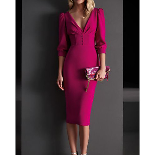 Sheath / Column Mother of the Bride Dress Elegant V Neck Knee Length Satin 3/4 Length Sleeve with Buttons 2021
Sheath / Column Mother of the Bride Dress Elegant V Neck Knee Length Satin 3/4 Length Sleeve with Buttons 2021