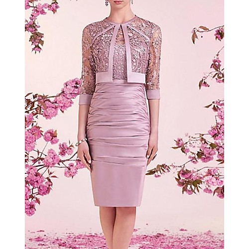 

Two Piece Sheath / Column Mother of the Bride Dress Elegant Illusion Neck Jewel Neck Knee Length Lace Satin 3/4 Length Sleeve with Embroidery Ruching 2020
