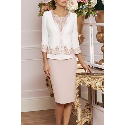 Sheath / Column Mother of the Bride Dress Wrap Included Jewel Neck Knee Length Lace Jersey 3/4 Length Sleeve with Beading Appliques 2020
Sheath / Column Mother of the Bride Dress Wrap Included Jewel Neck Knee Length Lace Jersey 3/4 Length Sleeve with Beading Appliques 2020