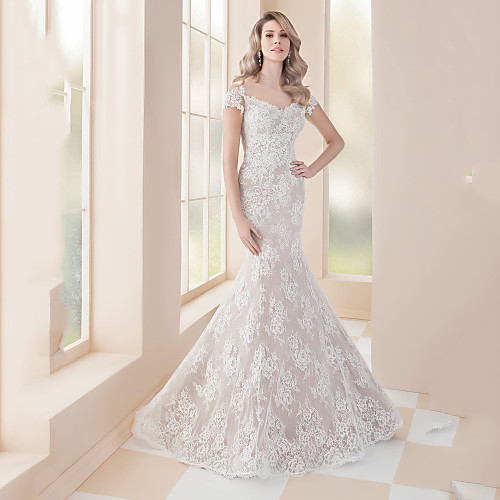 Mermaid / Trumpet Wedding Dresses Sweetheart Neckline Court Train Tulle Lace Over Satin Cap Sleeve Formal with Appliques 2020
Mermaid / Trumpet Wedding Dresses Sweetheart Neckline Court Train Tulle Lace Over Satin Cap Sleeve Formal with Appliques 2020