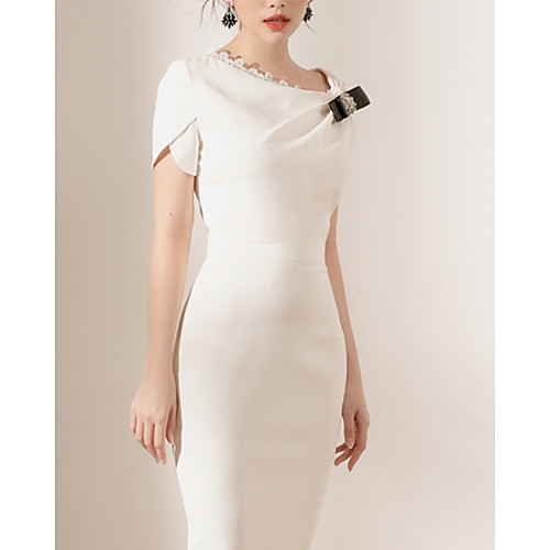 Sheath / Column Mother of the Bride Dress Elegant Bateau Neck Knee Length Lace Satin Short Sleeve with Crystal Brooch 2021
Sheath / Column Mother of the Bride Dress Elegant Bateau Neck Knee Length Lace Satin Short Sleeve with Crystal Brooch 2021