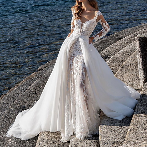 A-Line Wedding Dresses V Neck Sweep / Brush Train Detachable Lace Tulle Long Sleeve Beach Sexy See-Through with Embroidery Appliques Split Front 2020
A-Line Wedding Dresses V Neck Sweep / Brush Train Detachable Lace Tulle Long Sleeve Beach Sexy See-Through with Embroidery Appliques Split Front 2020