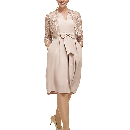 Two Piece Sheath / Column Mother of the Bride Dress Elegant V Neck Knee Length Lace Satin 3/4 Length Sleeve with Bow(s) Pleats 2020
Two Piece Sheath / Column Mother of the Bride Dress Elegant V Neck Knee Length Lace Satin 3/4 Length Sleeve with Bow(s) Pleats 2020