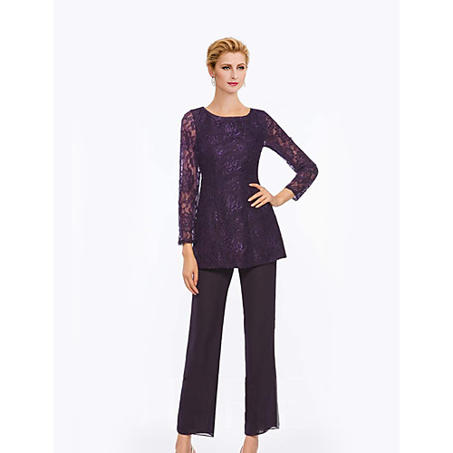 Pantsuit / Jumpsuit Mother of the Bride Dress Elegant Jewel Neck Floor Length Chiffon Lace Long Sleeve with Appliques 2021
Pantsuit / Jumpsuit Mother of the Bride Dress Elegant Jewel Neck Floor Length Chiffon Lace Long Sleeve with Appliques 2021