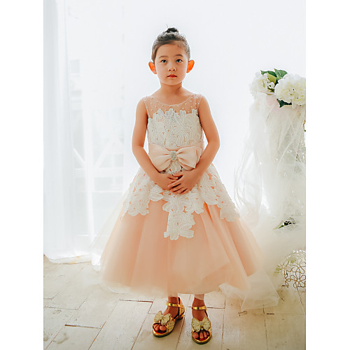 

Ball Gown Tea Length Wedding / Birthday / Pageant Flower Girl Dresses - Lace / Tulle Sleeveless Jewel Neck with Bows / Pearls