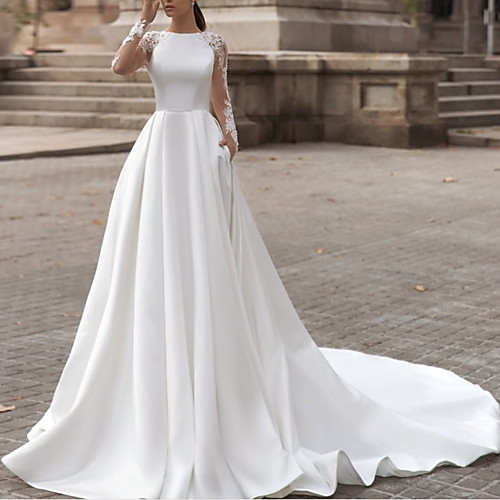 A-Line Wedding Dresses Jewel Neck Sweep / Brush Train Lace Satin Long Sleeve Simple Sexy See-Through with Pleats 2021
A-Line Wedding Dresses Jewel Neck Sweep / Brush Train Lace Satin Long Sleeve Simple Sexy See-Through with Pleats 2021