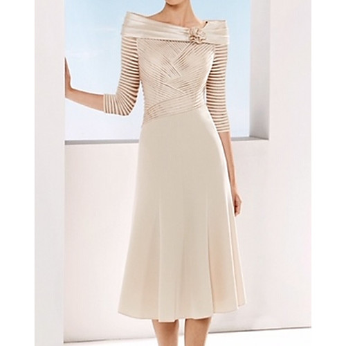 A-Line Mother of the Bride Dress Elegant Bateau Neck Tea Length Chiffon Satin 3/4 Length Sleeve with Ruching Flower 2020
A-Line Mother of the Bride Dress Elegant Bateau Neck Tea Length Chiffon Satin 3/4 Length Sleeve with Ruching Flower 2020