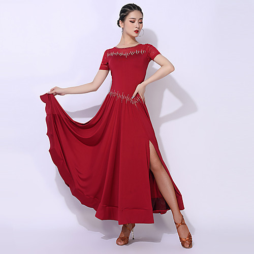 

Ballroom Dance Dress Split Split Joint Crystals / Rhinestones Women's Performance Short Sleeve Elastane Polyester