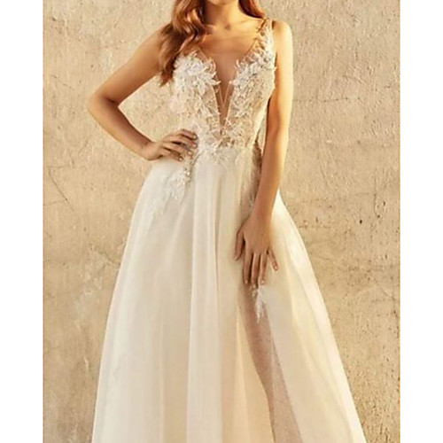 A-Line Wedding Dresses Plunging Neck Sweep / Brush Train Chiffon Over Satin Sleeveless Beach Sexy See-Through with Appliques 2020
A-Line Wedding Dresses Plunging Neck Sweep / Brush Train Chiffon Over Satin Sleeveless Beach Sexy See-Through with Appliques 2020