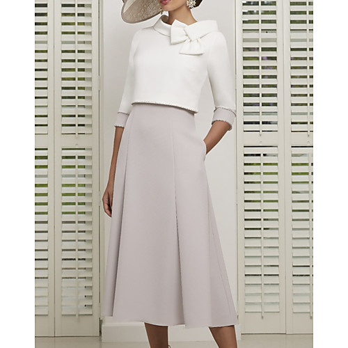 Two Piece Mother of the Bride Dress Elegant Jewel Neck Tea Length Satin Tulle 3/4 Length Sleeve with Bow(s) Pleats 2020
Two Piece Mother of the Bride Dress Elegant Jewel Neck Tea Length Satin Tulle 3/4 Length Sleeve with Bow(s) Pleats 2020
