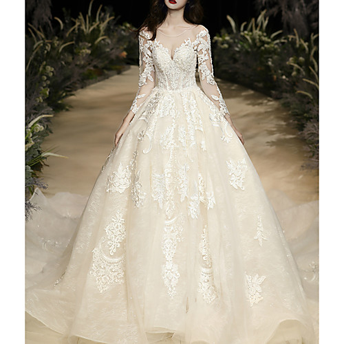 Ball Gown Wedding Dresses Jewel Neck Watteau Train Lace Tulle Long Sleeve Glamorous See-Through with Embroidery 2020
Ball Gown Wedding Dresses Jewel Neck Watteau Train Lace Tulle Long Sleeve Glamorous See-Through with Embroidery 2020