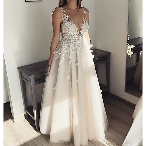 A-Line Wedding Dresses Plunging Neck Floor Length Lace Tulle Sleeveless Country Sexy See-Through Plus Size with Appliques 2020
A-Line Wedding Dresses Plunging Neck Floor Length Lace Tulle Sleeveless Country Sexy See-Through Plus Size with Appliques 2020